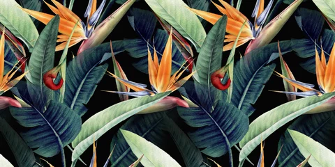 Wall murals Paradise tropical flower Seamless floral pattern with tropical leaves and strelitzia on red background. Template design for textiles, interior, clothes, wallpaper. Watercolor illustration