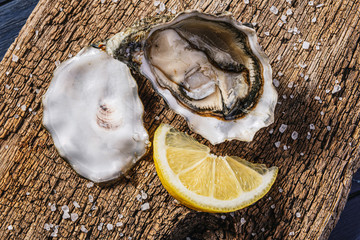 Fresh oysters with lemon ice and white wine.