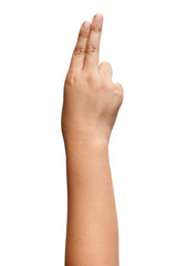 Boy Asian hand gestures isolated over the white background. Two Fingers Victory Sign. Gun symbol