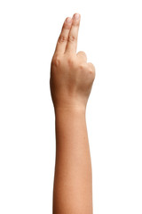 Boy Asian hand gestures isolated over the white background. Two Fingers Victory Sign. Gun symbol