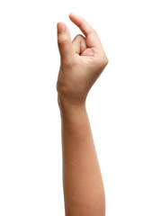 Boy Asian hand gestures isolated over the white background. Small thing grab. © aekkorn