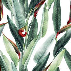 Seamless floral pattern with tropical leaves and strelitzia on light background. Template design for textiles, interior, clothes, wallpaper. Watercolor illustration