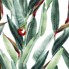 Behang Naadloos bloemenpatroon met tropische bladeren en strelitzia op lichte achtergrond. Sjabloonontwerp voor textiel, interieur, kleding, behang. Aquarel illustratie © ola-la