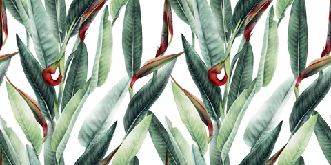 Behang Naadloos bloemenpatroon met tropische bladeren en strelitzia op lichte achtergrond. Sjabloonontwerp voor textiel, interieur, kleding, behang. Aquarel illustratie © ola-la