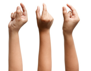 GROUP OF Boy Asian hand gestures isolated over the white background. Small thing grab.
