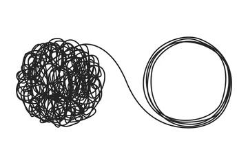 Fotobehang Unraveling tangled tangle. Psychotherapy concept. Metaphor of problem solving, chaos and mess, difficult situation. Psychologist unravels tangled tangle untangled. Vector illustration © photoplotnikov