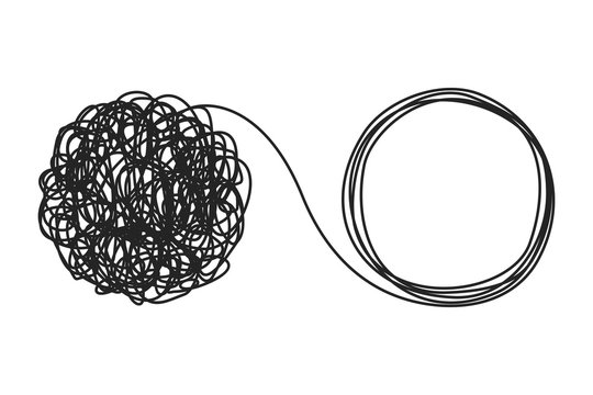 Unraveling tangled tangle. Psychotherapy concept. Metaphor of problem solving, chaos and mess, difficult situation. Psychologist unravels tangled tangle untangled. Vector illustration