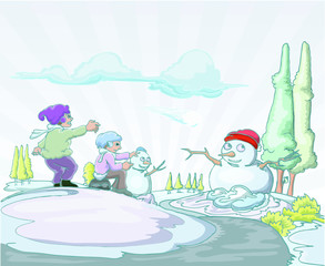 Snow doll vector illustration with children playing outside in winter vacation
