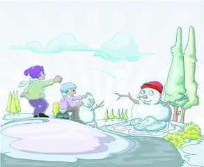Fototapeta premium Snow doll vector illustration with children playing outside in winter vacation