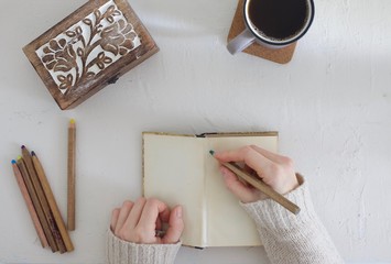 Blogging and journaling concept image flat lay. Pens and paper