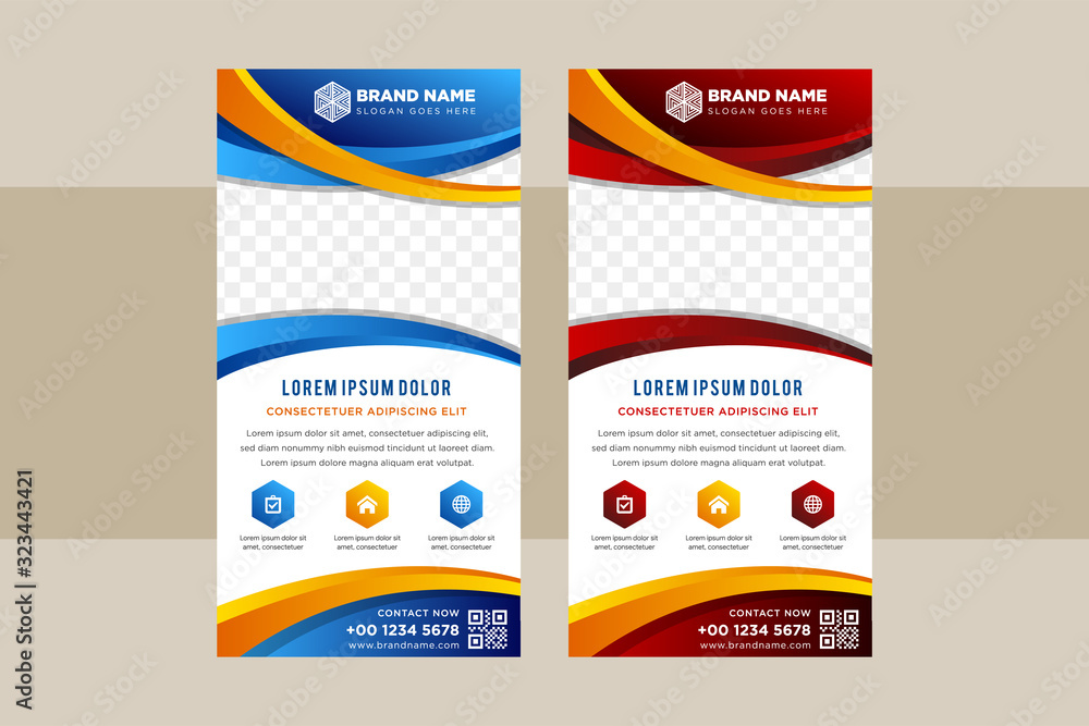 Poster gradient blue, red and orange curve business roll up banner. flat design with white background templ