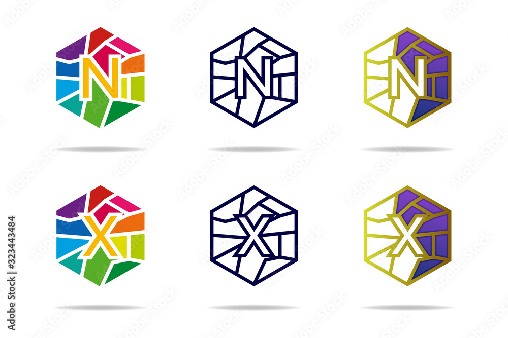 Poster creative design of letter n and letter x combined with polygonal style. initial nx logo design templ