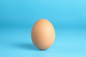 One fresh brown chicken egg on a blue background. Healthy good nutrition. Natural organic farm...