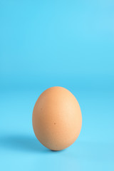 One fresh brown chicken egg on a blue background. Healthy good nutrition. Natural organic farm products.
