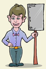 cute young man standing holding blank plank 
