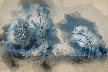 Digital watercolor painting of Moody Winter landscape image of skeletal trees in Peak District