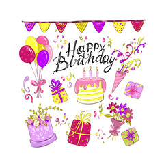 Happy Birthday set, lettering drawn by hand in doodle style. Congratulations and wishes, balloons, flowers and confetti. Pink cake with candles. Anniversary celebration. Vector for design typography.