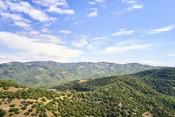 Fototapeta premium Legendary aerial drone view of ancient monasteries and breathtaking picturesque valley and landmark canyon of Meteora, Greece, Unesco