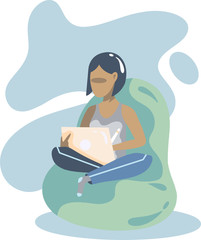 A woman in home clothes is sitting on .bean bag with the tablet. Freelance. Vector illustration