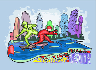 urban art vector of skateboarder with big city background