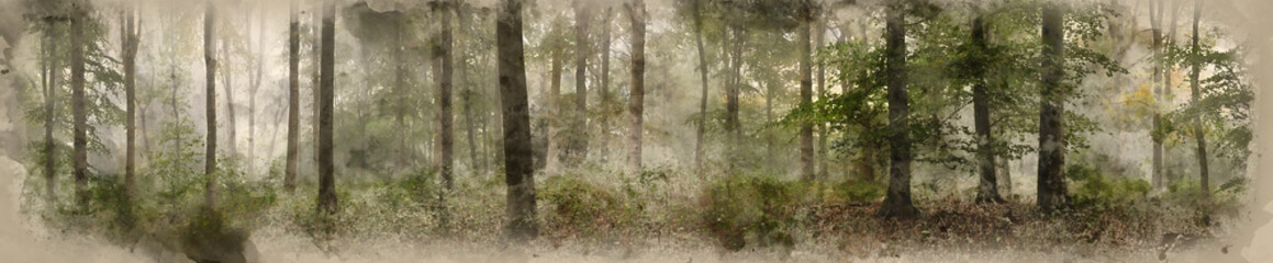 Fototapeta premium Digital watercolor painting of Panorama landscape image of Wendover Woods on foggy Autumn Morning.
