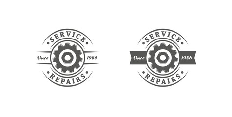 Set of black and white illustrations of the logo of the service and repair. Vector illustration of gear, nut and text on a white background. Illustration advertises a workshop.