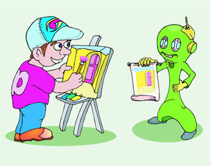 Young painter panting an alien vector illustration