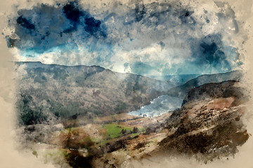 Digital watercolor painting of Landscape image of view from peak of Crimpiau towards Llyn Crafnant in Snowdonia