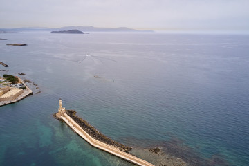 Panoramic drone aerial view from above of the city of Chania, Crete island, Greece. Landmarks of Greece, beautiful venetian town Chania in Crete island. Chania, Crete, Greece.