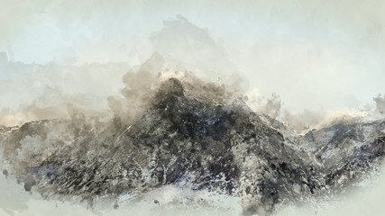 Digital watercolor painting of Stunning moody dramatic Winter landscape image of snowcapped Y Garn mountain in Snowdonia
