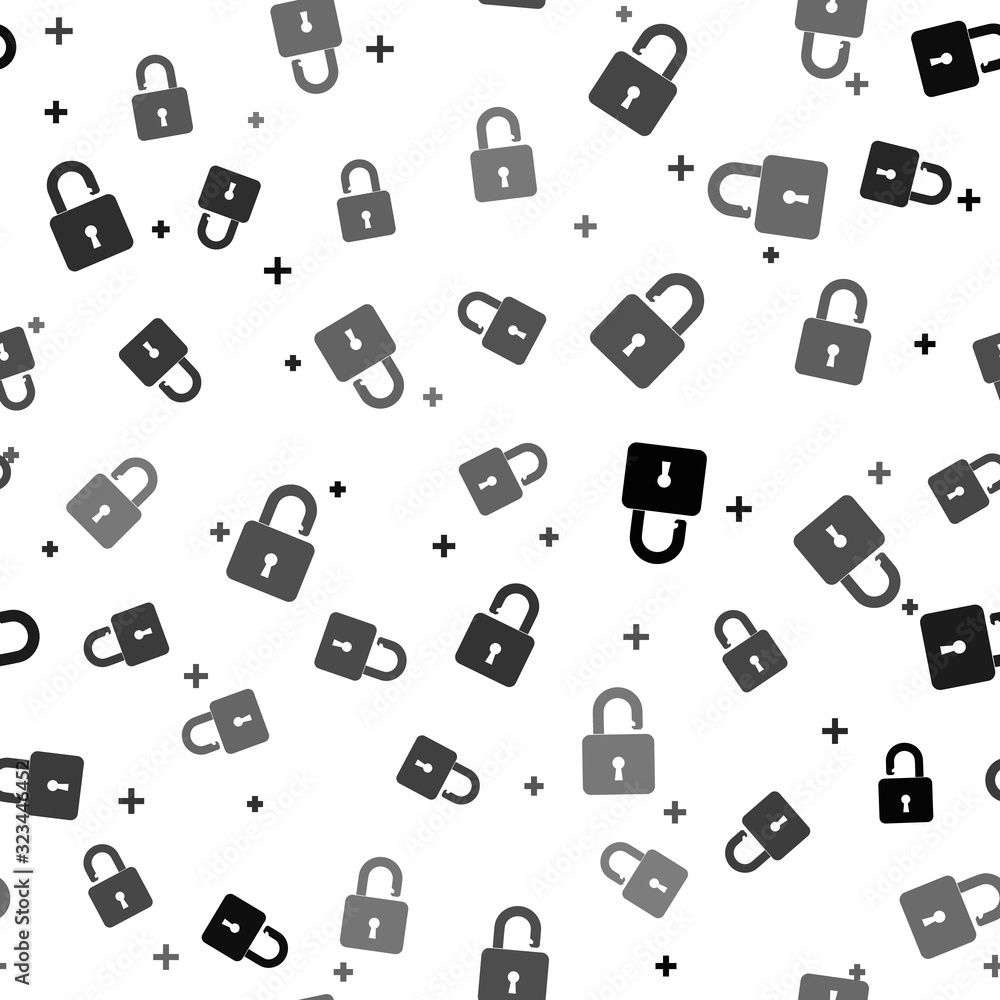 Poster black open padlock icon isolated seamless pattern on white background. opened lock sign. cyber secur