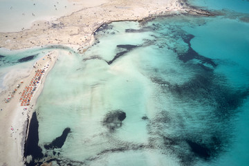 Amazing aerial drone top panoramic view on the famous Balos beach in Balos lagoon and pirate island...