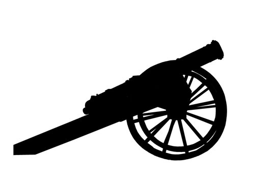 recommend clip art: Black silhouette of an ancient cannon on a white background