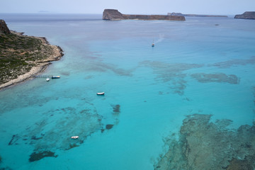 Amazing aerial drone top panoramic view on the famous Balos beach in Balos lagoon and pirate island...