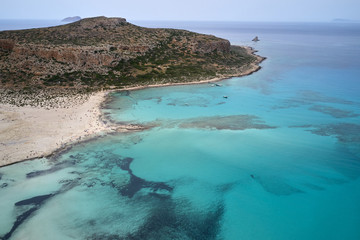 Amazing aerial drone top panoramic view on the famous Balos beach in Balos lagoon and pirate island...
