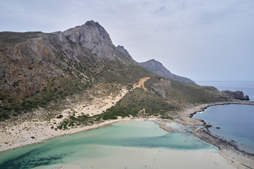 Amazing aerial drone top panoramic view on the famous Balos beach in Balos lagoon and pirate island...
