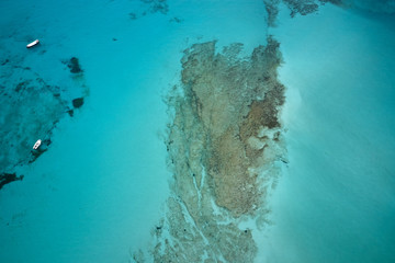 Amazing aerial drone top panoramic view on the famous Balos beach in Balos lagoon and pirate island Gramvousa. Place of the confluence of three seas. Balos beach, Chania. Crete island. Greece. Europe.