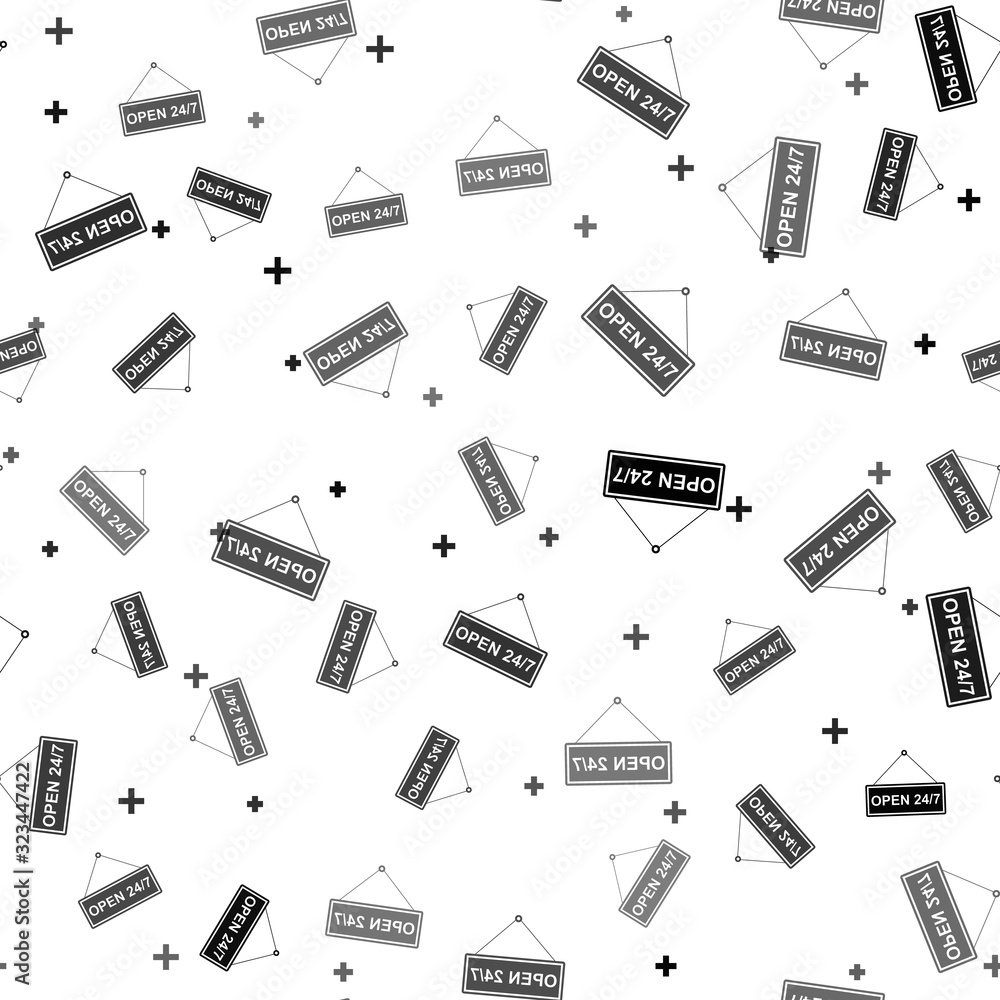 Poster black hanging sign with text open 24-7 hours icon isolated seamless pattern on white background. bus
