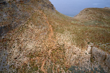 Aeial top view drone shot of Gramvousa island near Crete, Greece. Balos beach. Magical turquoise waters, lagoons, beaches of pure white sand