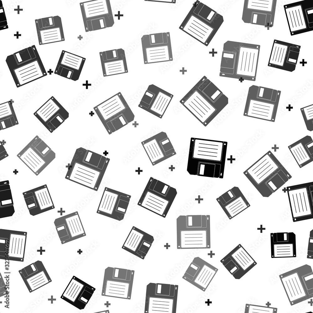 Poster black floppy disk for computer data storage icon isolated seamless pattern on white background. disk
