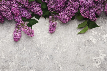Border of lilac flowers on gray concrete, copy space, top view