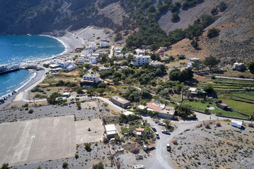 Aerial drone view of Agia Roumeli beach in Chania of Crete, Greece. The village of Agia Roumeli is...