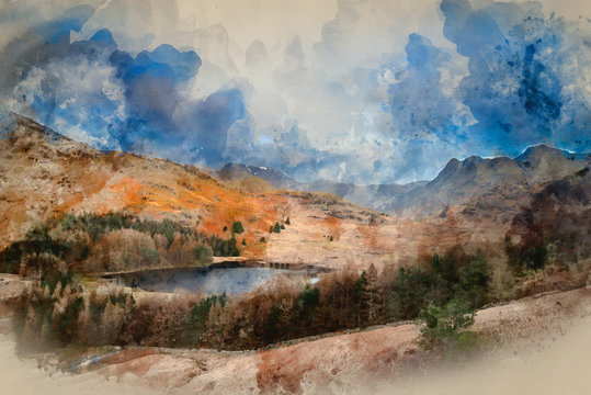 Digital watercolour painting of Beautiful vibrant sunrise landscape image of Blea Tarn in UK Lake District with Langdales Range in background