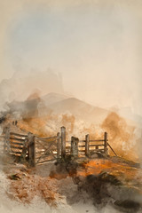 Fototapeta na wymiar Digital watercolour painting of Stunning Winter sunrise landscape image of The Great Ridge in the Peak District in England with a cloud inversion and mist in the Hope Valley