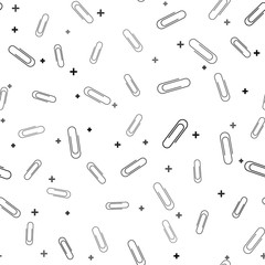 Black Paper clip icon isolated seamless pattern on white background. Vector Illustration