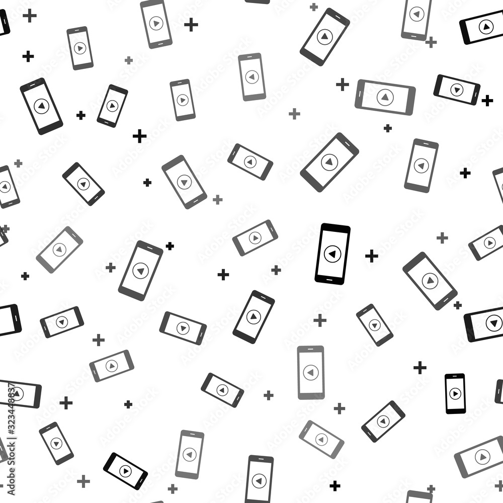 Poster black smartphone with play button on the screen icon isolated seamless pattern on white background. 