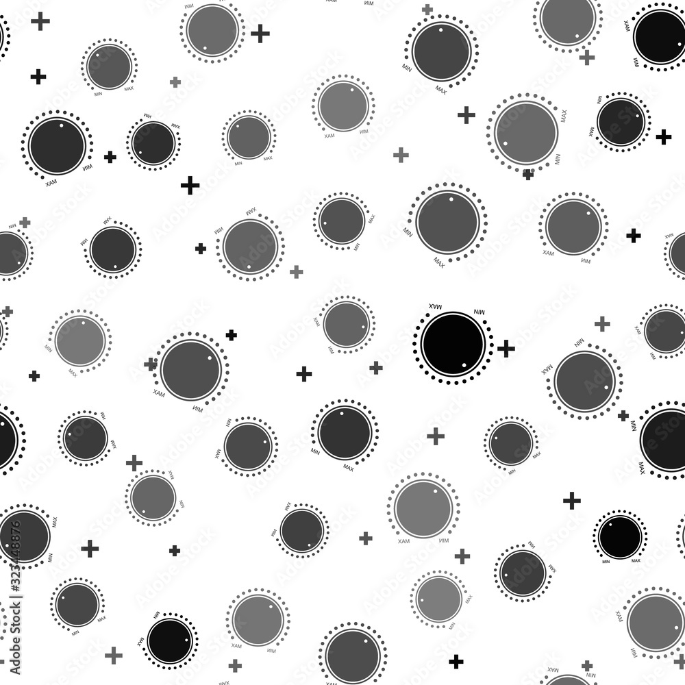 Poster black dial knob level technology settings icon isolated seamless pattern on white background. volume
