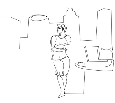 One Continuous Line Drawing Of  Business Woman At Office Building. Standing Business Woman And Business Buldings.