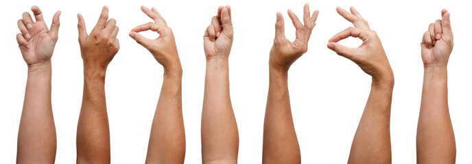 GROUP OF Man Asian hand gestures isolated over the white background. Small thing grab.