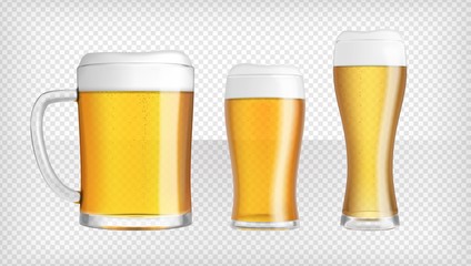 Three different lager beer glasses and mugs